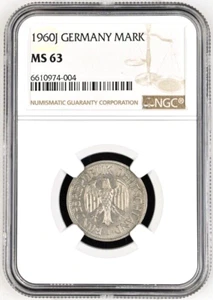 1960 J Germany 1 Mark, NGC MS 63, KM-110, $750 in 63 in Krause SCWC. - Picture 1 of 2