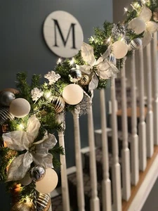 Garland White Holiday Poinsettia Pre Lit white, Silver, 9 Ft decorated Christmas - Picture 1 of 15