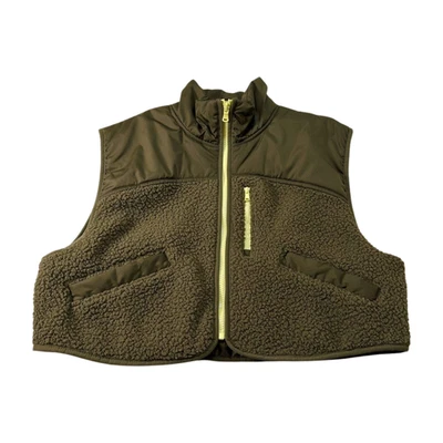 Chaleco polar Sherpa híbrido recortado Old Navy para mujer verde oliva acento neón grande Foto 1 de 4