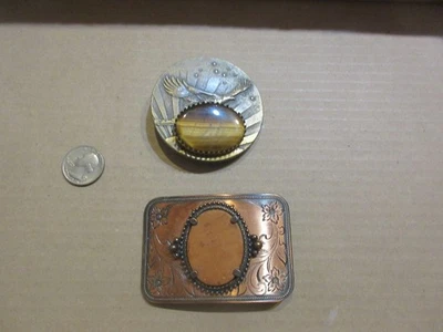 VINTAGE PAIR OF  BELT BUCKLES, TIGERS EYE W/EAGLE,lLEATHER - Image 1 of 2