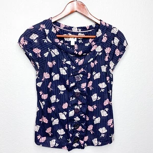 Edme & Esylle Anthropologie Sz 0 Navy & Pink Floral Ruffle Top - Picture 1 of 8