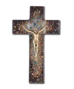 †HOLY CRUCIFIX: 10" Gold/Glass Design Wall Cross – Catholic Sacramental - Picture 1 of 1