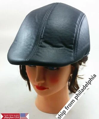 Mens or womens Ivy Cap Black Gatsby Newsboy Faux Leather Hat Golf Driving Hat - Image 1 of 4