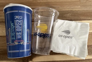 US Open Tennis 2022 New York Plastic Event Cup large Tumbler Cup 32oz Napkin lot - Picture 1 of 5