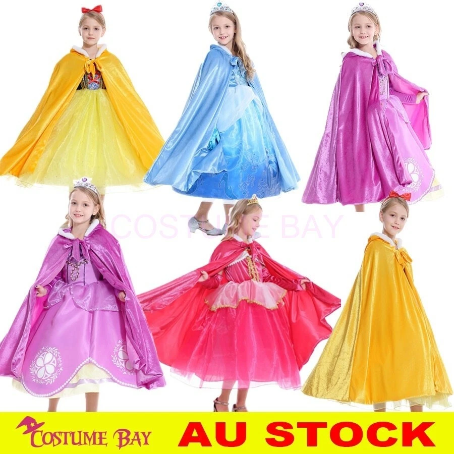 Girls Velvet Cloak Hooded Cape Princess Elsa Aurora Costume Book Week Halloween  - Image 1 of 1