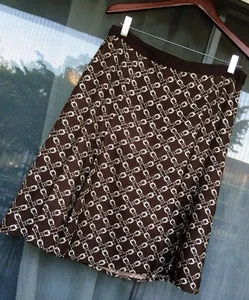 J Crew Silk Skirt Chic Brown & Ivory Belt Buckle Printed A-Line Above Knee Sz: 6 - Picture 1 of 7