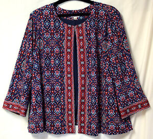 Joan Rivers Navy & Red Persian Pattern Knit Cardigan Jacket Poly Spandex-3X