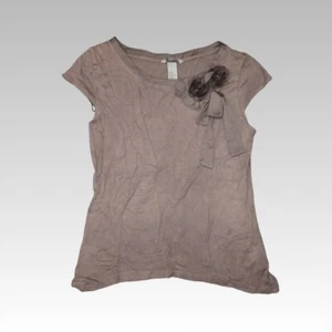 H&M 00s Rose T-shirt Womens Medium Brown Flower Mesh Motif Applique Bow Blouse - Picture 1 of 6
