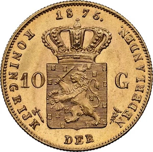 Moneda de oro 10 florines 1875 Países Bajos Guillermo III NGC MS66 (828) - Imagen 1 de 4
