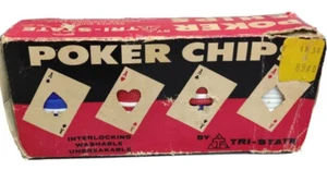 1950s Tri-State Plastic Poker Chips 100 Red White Blue Interlocking Original Box - Bild 1 von 7