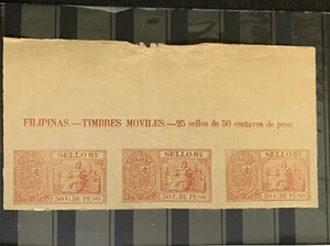 52319 US Spain PHILIPPINES 1898 Revenue 50c Imperf MNHOG V.Rare Imprint Strip 3* - Picture 1 of 2