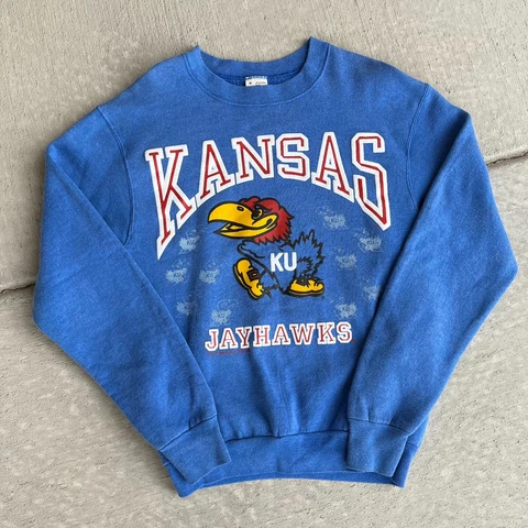 Vintage 90s Kansas Jayhawks Crewneck Sweatshirt Graphic Blue Men's Medium Cover