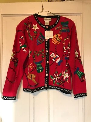 HAMPSHIRE STUDIO RED CHRISTMAS CARDIGAN SWEATER WITH APPLIQUES SIZE PS - Image 1 of 4