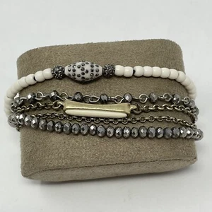 Lucky Brand Gold Tone Multi Chain Beaded White Bracelet Etched Gunmetal - Picture 1 of 7