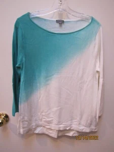 Lilla P. Sweater Top Pullover Scoop Neck Aqua & White 3/4 Sleeve Size M - Foto 1 di 3