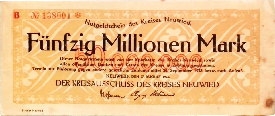 1923 Germany NEUWIED 50.000.000 / 50 Million Mark Banknote - Image 1 of 1