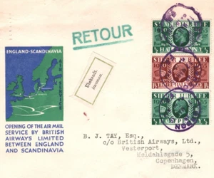 GB KGV SILVER JUBILEES Franking Air Cover BA 1936 FIRST FLIGHT DENMARK MA100 - Picture 1 of 10