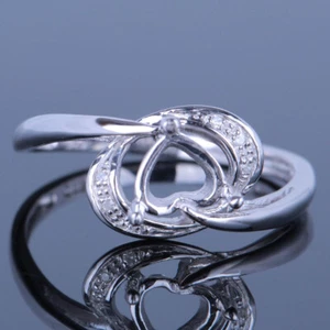 Delicated Texture Real Diamond Semi Mount Ring Solid 14k White Gold Heart Shape - Picture 1 of 4