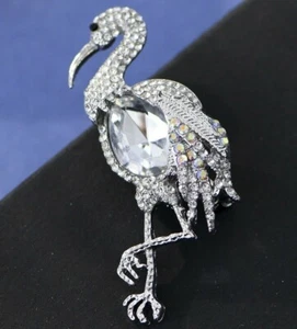 Spilla piccolo fenicottero bianco austriaco strass cristallo spilla argento uccellino B065S - Foto 1 di 4