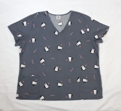 Christmas V-Neck Women's Scrub Top Grey Penguin Candy Canes Multi-color Size 2X - Image 1 of 4