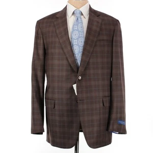 Castangia NWT 100% Wool Super 130s Sport Coat Size 56L US 46 Browns/Blue Plaid - Picture 1 of 9