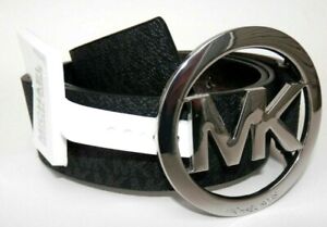 New MICHAEL KORS MK Logo Silver Black Belt MK Buckle Size M