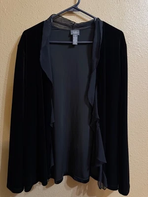 CHICO'S TRAVELERS COLL VELOUR CARDIGAN CHICO'S SZ 3 (XL) BLACK CHIFFON TRIM - Image 1 of 4