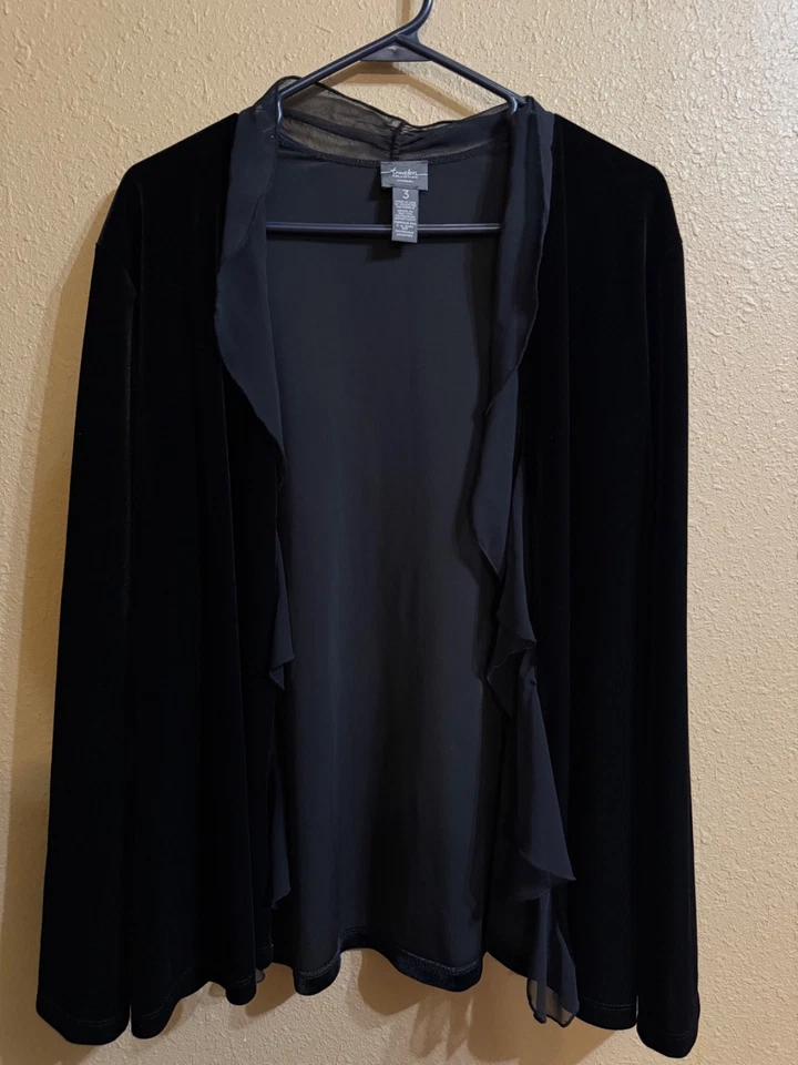 CHICO'S TRAVELERS COLL VELOUR CARDIGAN CHICO'S SZ 3 (XL) BLACK CHIFFON TRIM - Image 1 of 4