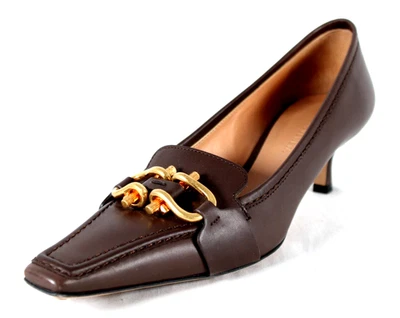 BOTTEGA VENETA $930 Brown Leather Gold Buckle Vamp MADAME Heels Pumps 39.5 - Image 1 of 4