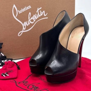 Christian Louboutin Botines de Cuero Tacones Altos Punta Abierta Negro Rojo Para Mujer EU35 - Imagen 1 de 15