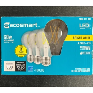 4pk EcoSmart LED Light Bulb A19 60W Clear Glass 3000K Dimmable 777842 - Picture 1 of 6