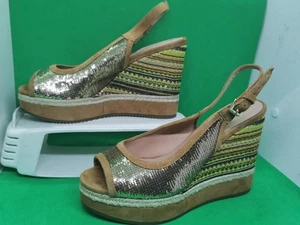 GEOX Yulimar Gold Sequins/Suede Wedge Heel Open Toe Sandals Mutli Gold Size 9/40 - Picture 1 of 24
