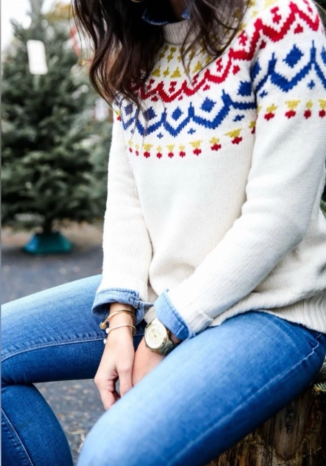 Suéter feminino J Crew Fair Isle 60% mistura de lã merino tamanho grande 12/14 off white - Imagem 1 de 4