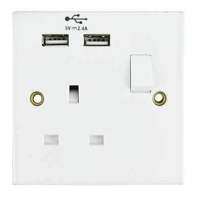 Single 1 Gang Wall Socket 13A With Twin USB Charger Port Plug Switched Socket UK - Image 1 of 4