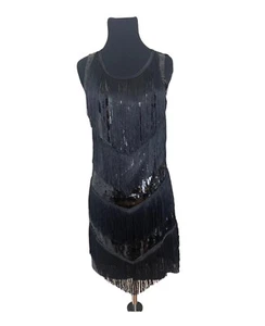 Flapper Dress Black Sequin Fringe Tiered Sz S Jerry Beck Roaring 20’s Costume - Picture 1 of 18