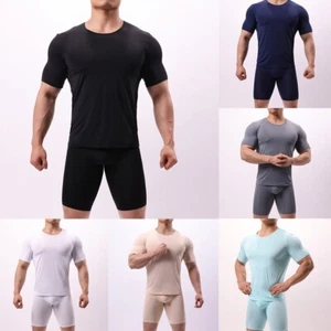 T-shirt uomo trendy maglia seta ghiaccio trasparente tinta unita scollo O - Foto 1 di 32