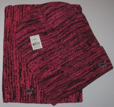 全新带标签 VICTORIA'S SECRT 粉色黑色 MARLED BEANIE 帽子 Infinity Scarf 均码 罕见 — 第 1/4 张图片