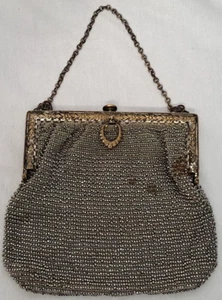1920's Sterling Silver Antique Small Flapper Purse Cloth Beaded Button Clasp - Picture 1 of 23