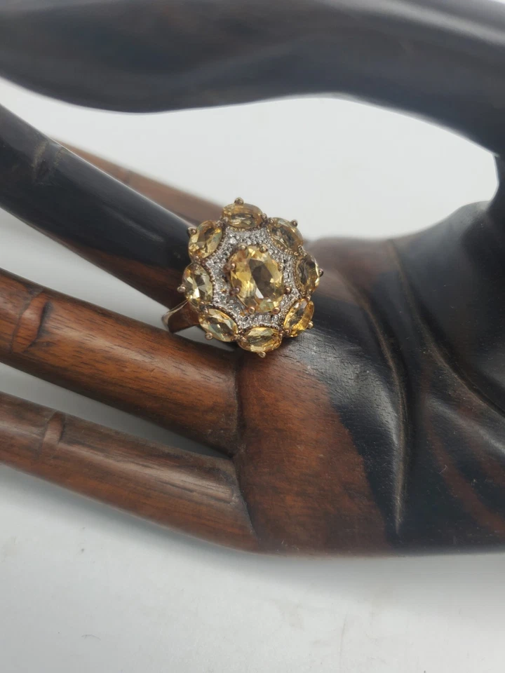 Citrine? Cluster W/ Diamonds. Gold Plated .925 Silver Cocktail Ring- Size 9 - Image 1 of 4