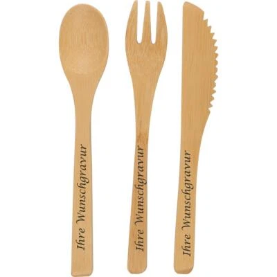 Bambus Besteck Set  mit Gravur / im Baumwolletui mit Gabel, Messer und Löffel - Bild 1 von 4