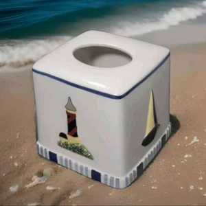 JCPenny Safe Harbor Tissue Box Cover Ceramic Hand Painted Sailboats Lighthouses - Picture 1 of 15