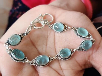 Pulsera de piedras preciosas de aguamarina hecha a mano de plata de ley 925 para mujer Foto 1 de 4