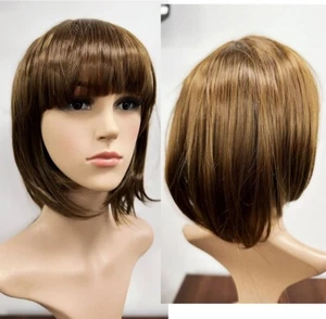 Brown Bob Wig Short Hair Brunette Cosplay Cute Costume Fancy Dress Fringe - Picture 1 of 2
