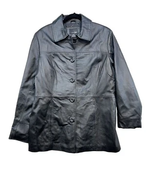 Chaqueta de cuero genuino East5th para mujer grande negra con botones Foto 1 de 4