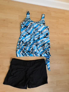 Blue, White, Black Tankini with Boy Shorts Bottoms Built in Bra - L - 12-14 New - Picture 1 of 4