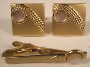 Moon Stone Design Quality Vintage SWANK Cuff Links & Tie Bar Set plain simple - Picture 1 of 5