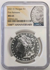 Dólar de plata Morgan 2021 D NGC MS65-100 aniversario Etiqueta-"Bola baja" #Z377 - Imagen 1 de 2