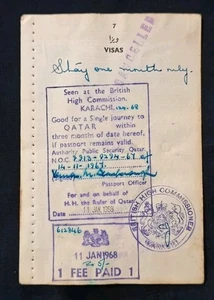 Qatar Early Vintage 1968 Visas Postmark On Used Passport Visas Page  - Picture 1 of 4