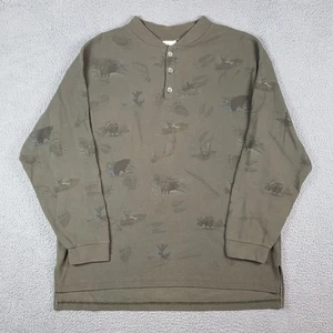 Vintage Y2K Jagd AOP Strick Thermo Henley Herren Größe 2XL Bär Elch T-Shirt 90er - Bild 1 von 9