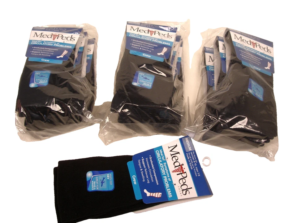 MediPeds Compression Crew Socks Circulation Black Medium Men's 7-9 8399 3-Pack